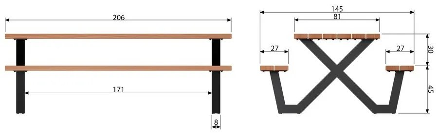 Tablo kerti étkezőasztal padokkal, 206 x 145 cm - WOOOD