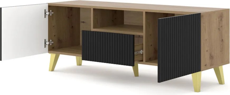 RAVENNA TV-állvány 150 cm, matt fekete ajtókkal, artisan tölgy színű korpusszal, 2 ajtóval és 1 fiókkal