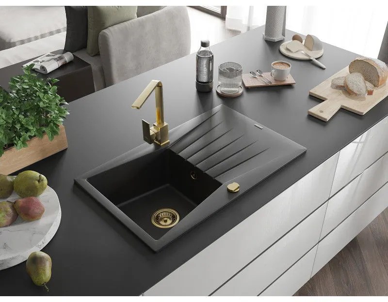 Mexen Cesar, gránit mosogató 775x470x190 mm, 1 kamrás, fekete arany szifonnal és arany Rita mosogató csapteleppel, 6514-77-670300-50