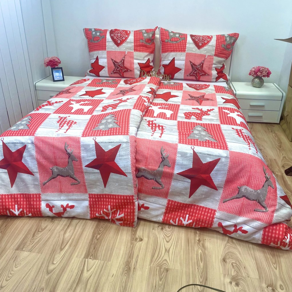 Pamut lepedők Karácsonyi Winter piros TiaHome - 1x Párna 90x70cm, 1x Paplan 140x200cm