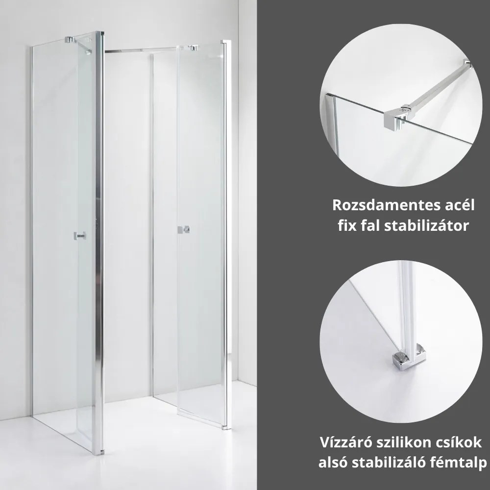 Stuxi Roma 90x70 falsíkra szerelhető 3 oldalú kétszárnyú nyílóajtós zuhanykabin 6 mm vízlepergető biztonsági üveggel, króm elemekkel, 195 cm magas