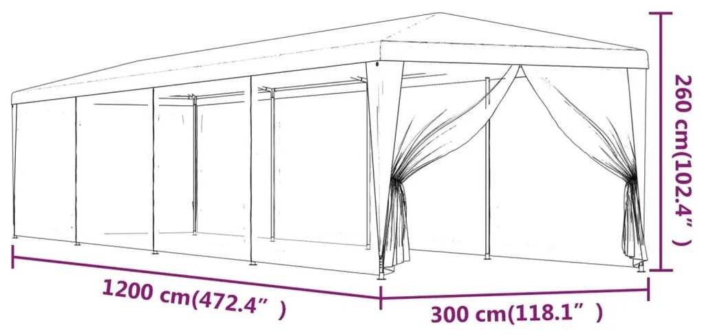 antracitszürke HDPE rendezvénysátor 10 hálós oldalfallal 3x12 m