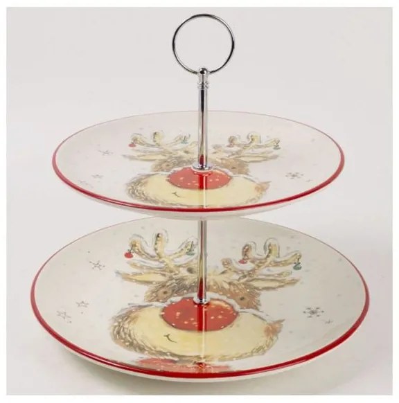 rénszarvasos karácsonyi kerámia emeletes süteményestál kínáló