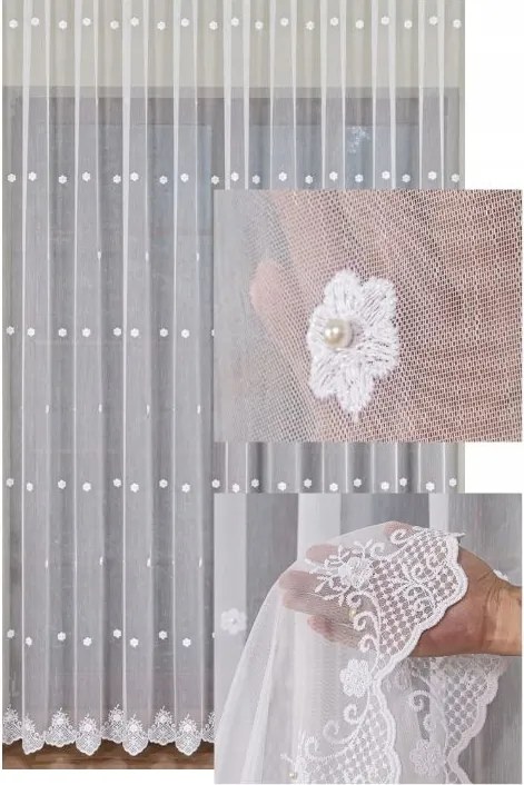 Függöny Fehér Virág Gyönggyel Szokatlan Fodros Szalaggal Sz. 240x210