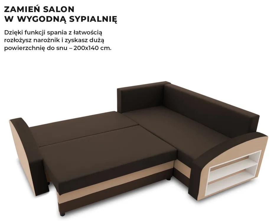 Grande sarokkanapé polcokkal , polc a jobb karfaban, jobboldali, szövet anyag, hab töltet, barna