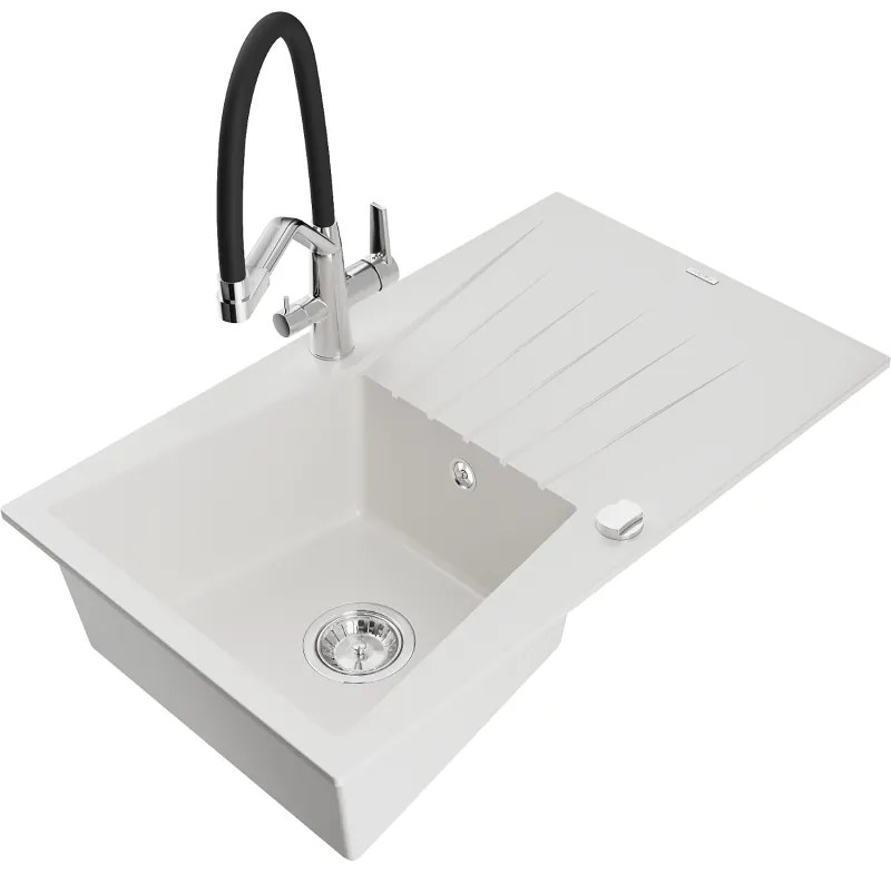 Mexen Cesar egymedencés gránit mosogató csepptálcával és Duo konyhai csapteleppel, fehér - 6514-20-671701-07