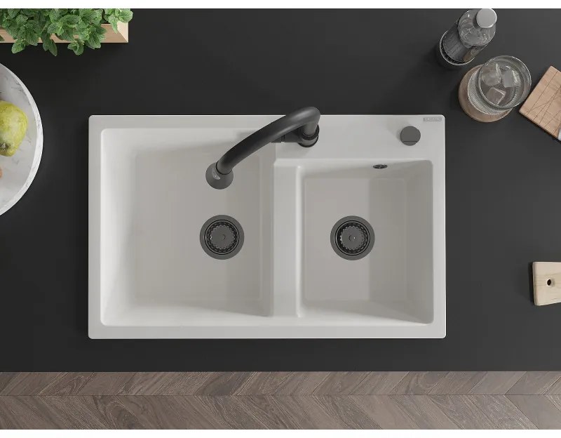 Mexen Tomas, 2 kamrás gránit mosogató 800x500x190 mm és Elia mosogató csaptelep, fehér, 6516-20-670101-70