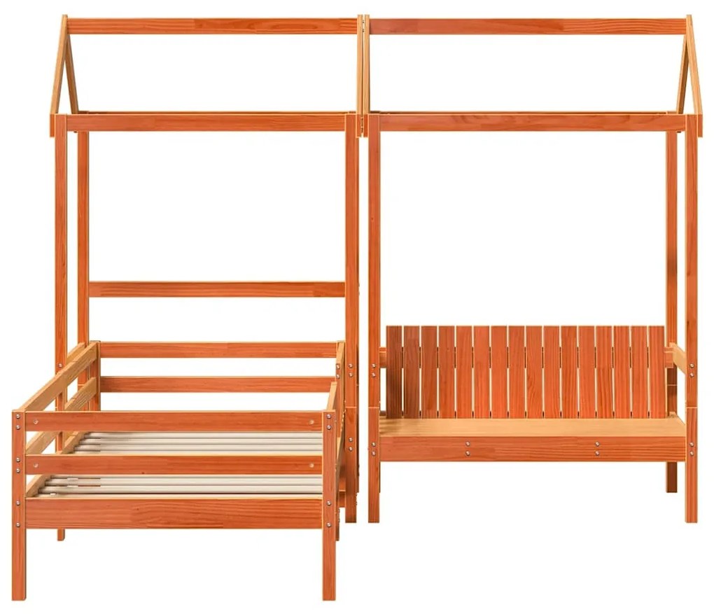 viaszbarna tömör fenyőfa ágy és pad szett tetővel 75 x 190 cm