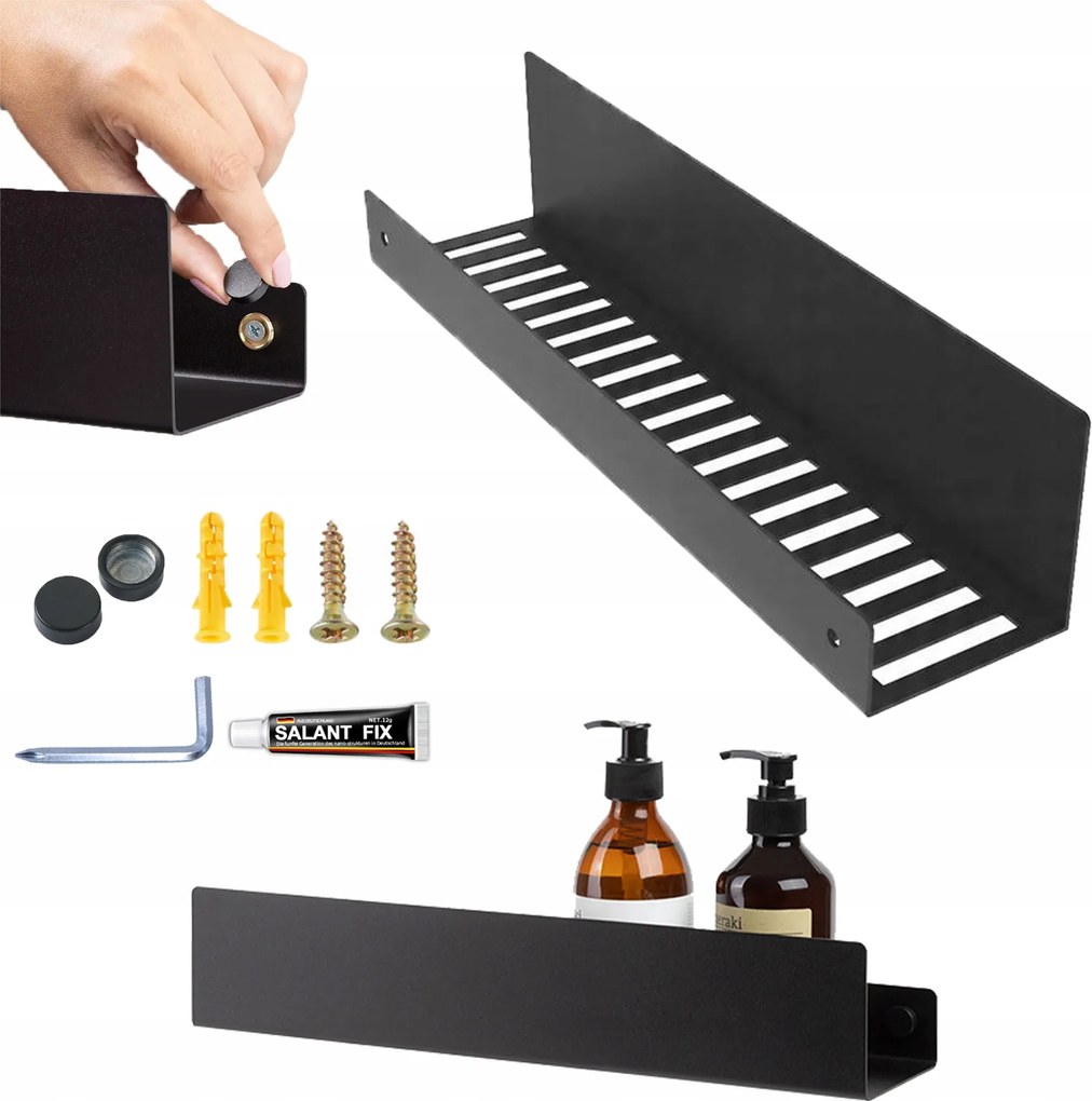 Loft Akasztós Polc Fekete Fürdőszoba Zuhany Fém 40CM