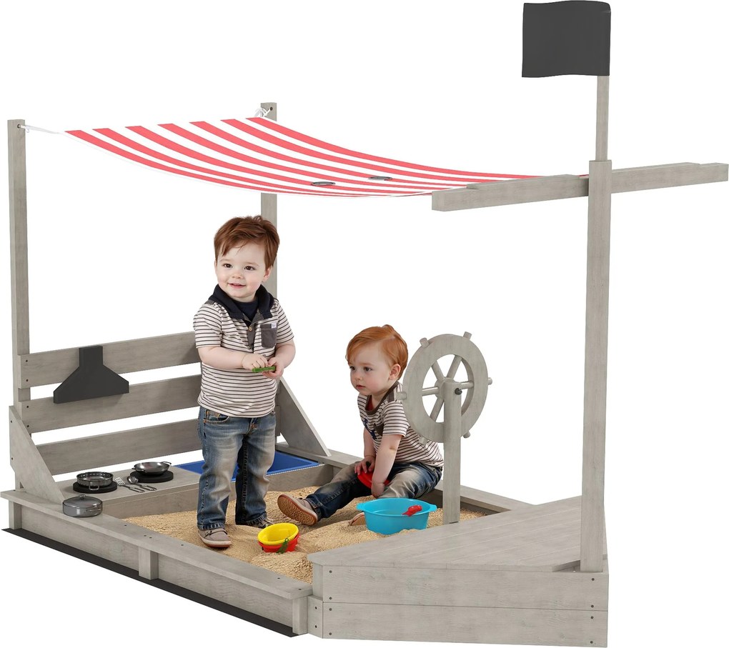Outsunny Nagy Homokozó Tervezett Árboc Formájú Fa Játékház Konyhás Játszószettel 3-7 Éves Gyermekeknek 180 x 103 x 144,5 cm | Aosom