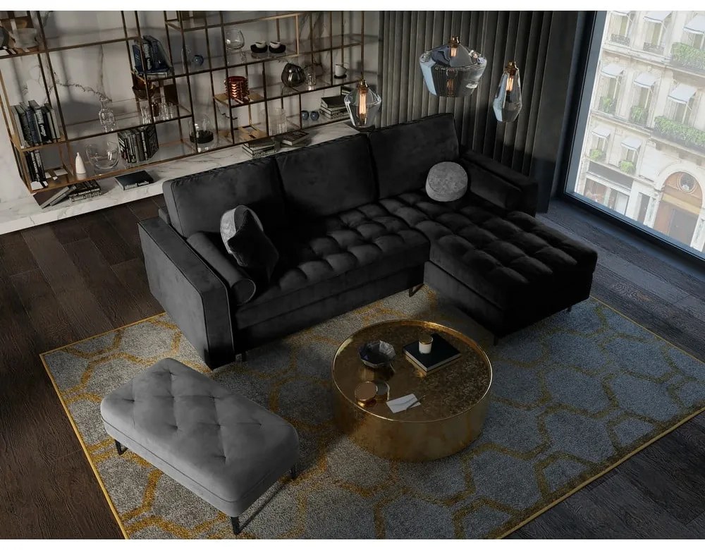 Santo fekete kinyitható bársony sarokkanapé, jobb oldali - Milo Casa