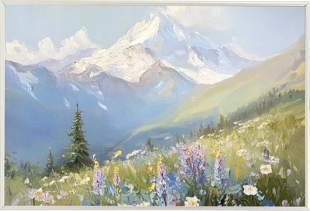 Poszter Keret Alumínium Tájkép Hegyek Csúcsok Alpok Rét Virágok Tavasz 60x40