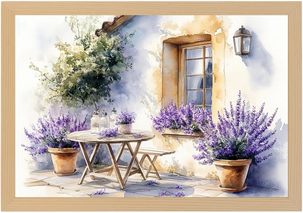 Poszter Keret Fa Tájkép Franciaország Provence Ház Virágok Levendula 60x40