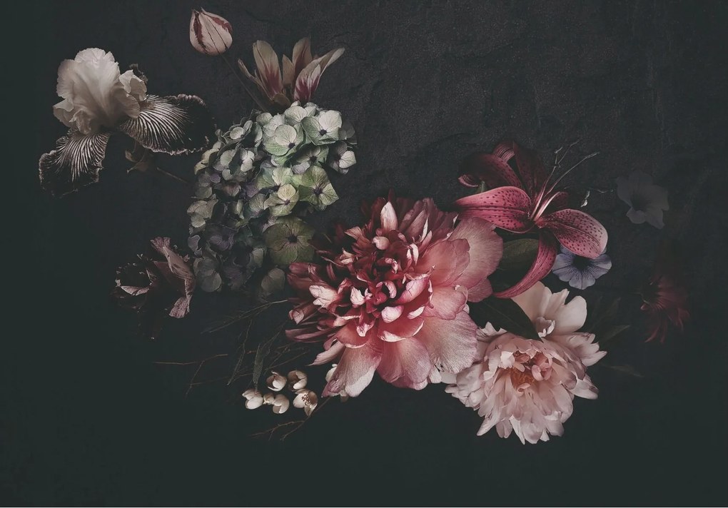 Fotótapéta Sötét virágok Hortenzia Rózsa Bazsarózsa Írisz 400x280 +ragasztó