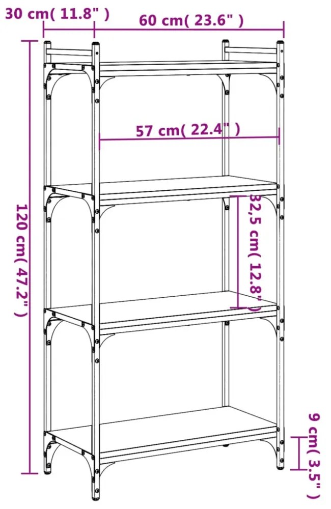 4 szintes sonoma tölgy szerelt fa könyvespolc 60 x 30 x 120 cm