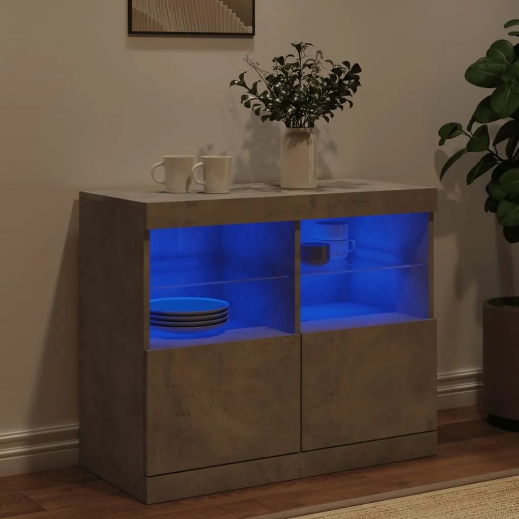 betonszürke tálalószekrény LED-világítással 81 x 37 x 67 cm