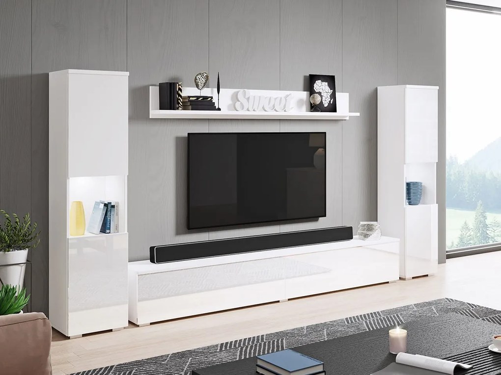 Nappali bútorsor Nova XL (fehér + fényes fehér) (fehér LED világítás). 1060059