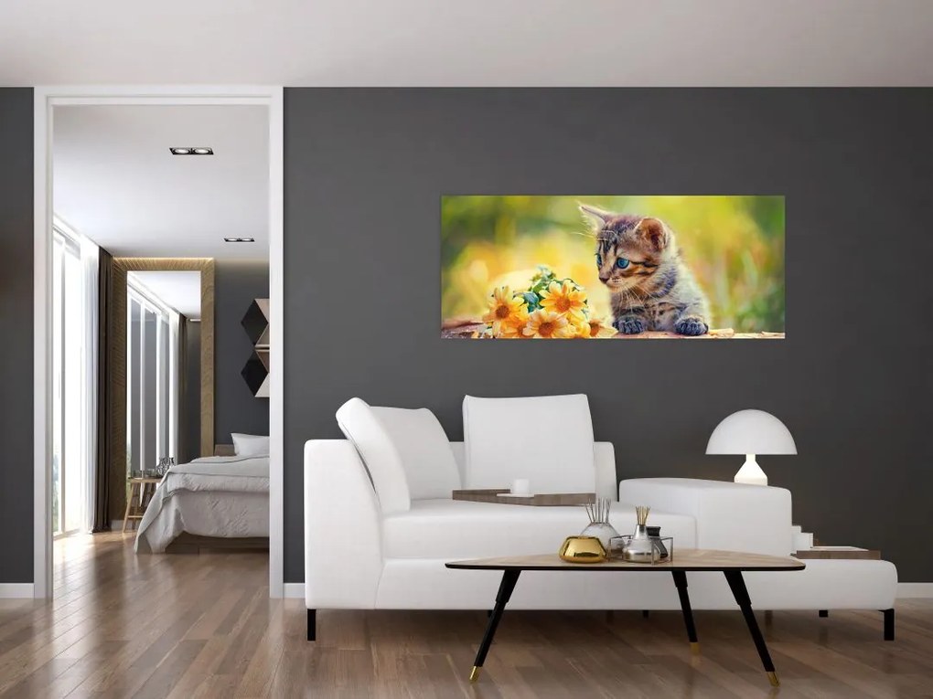 Macska képe ahogy a virágot nézi (120x50 cm)