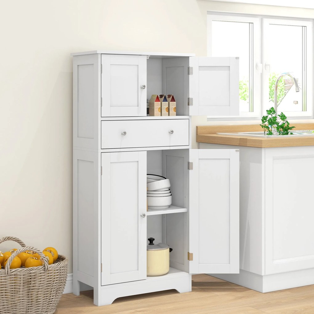 HOMCOM Modern Stílusú Konyhai Szekrény Büfé Tároló Szekrény, Felső Szekrény, Állítható Polcok, Fiók, Étkezőbe, Nappaliba, 60 x 30 x 128 cm, Fehér | Ao