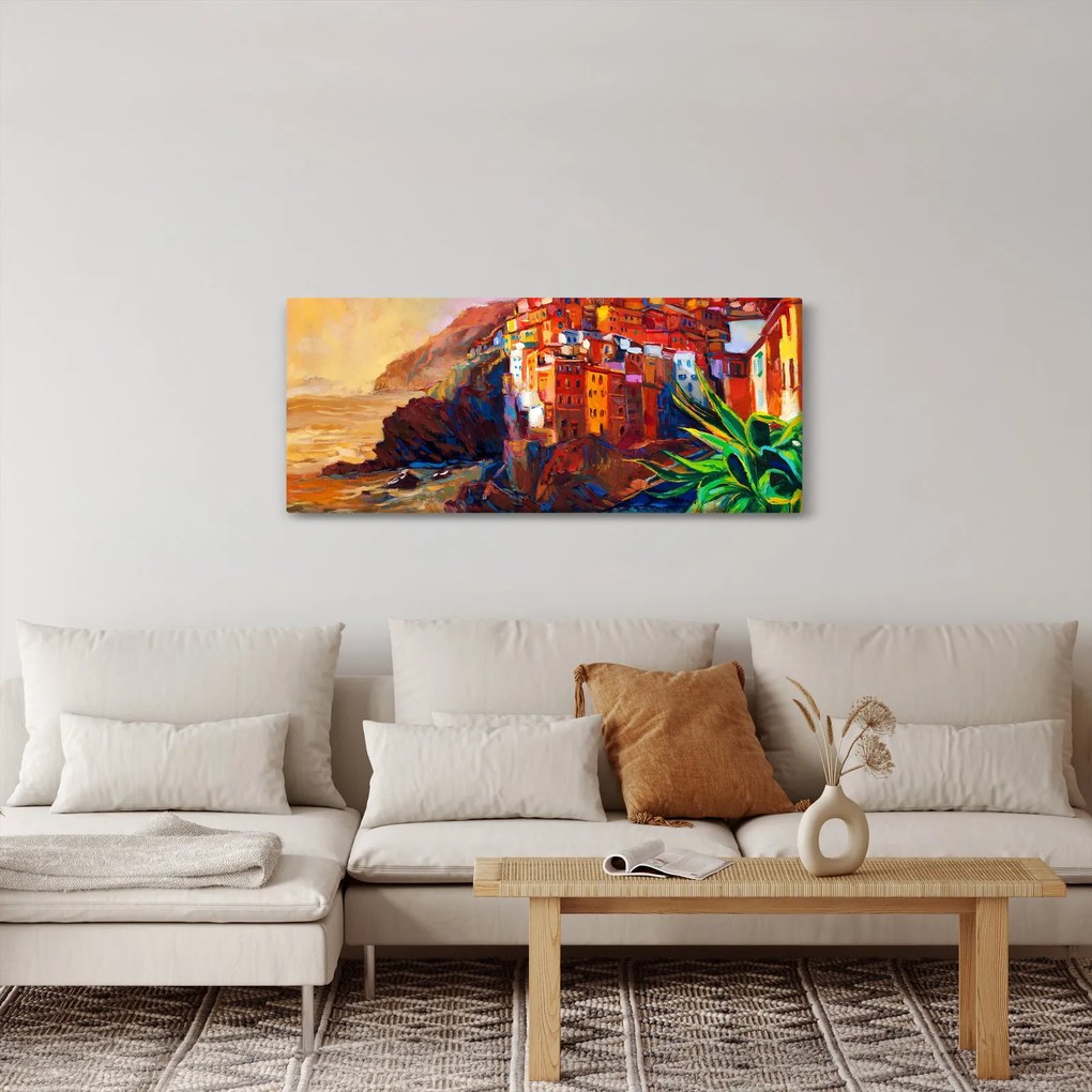 Kép - Falu Cinque Terre partján, az olasz riviérán, modern impresszionizmus (120x50 cm)