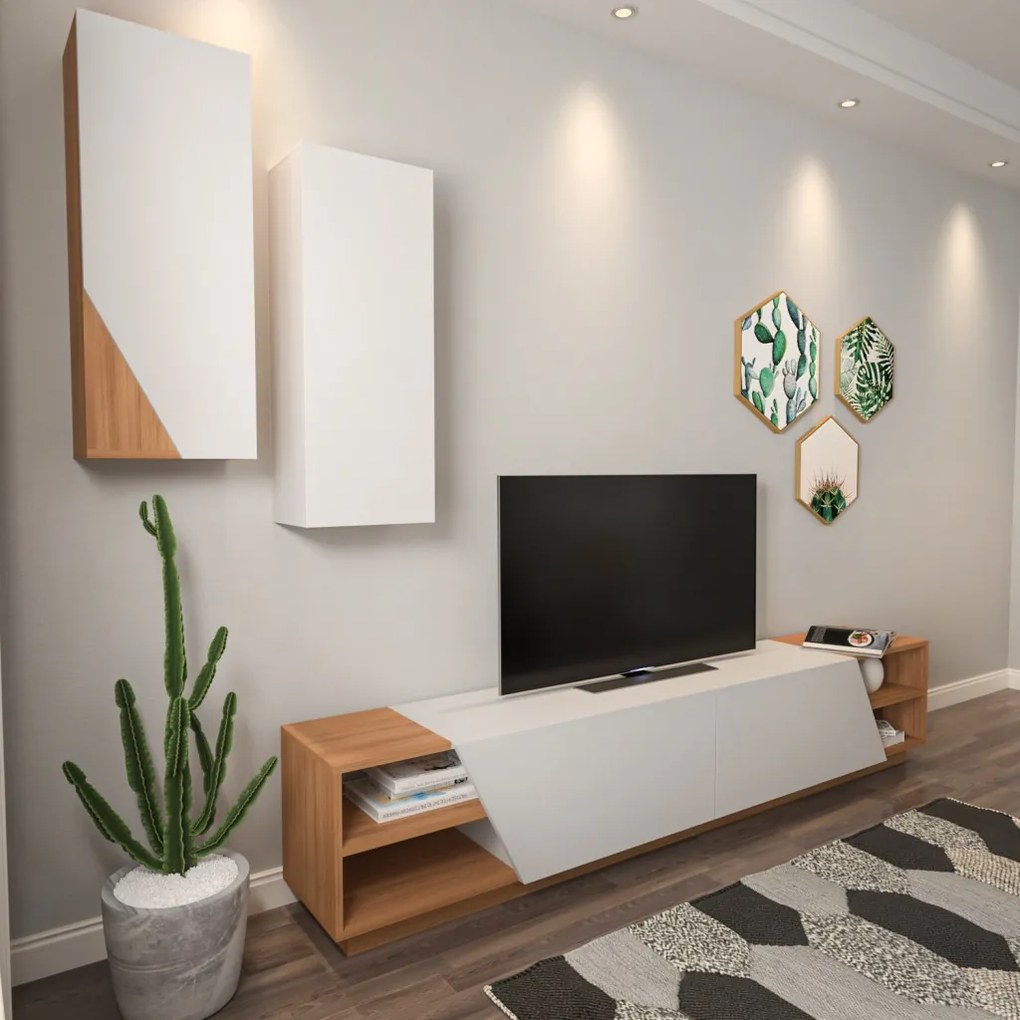 Zebra TV-állvány, fehér-teak, 240 cm