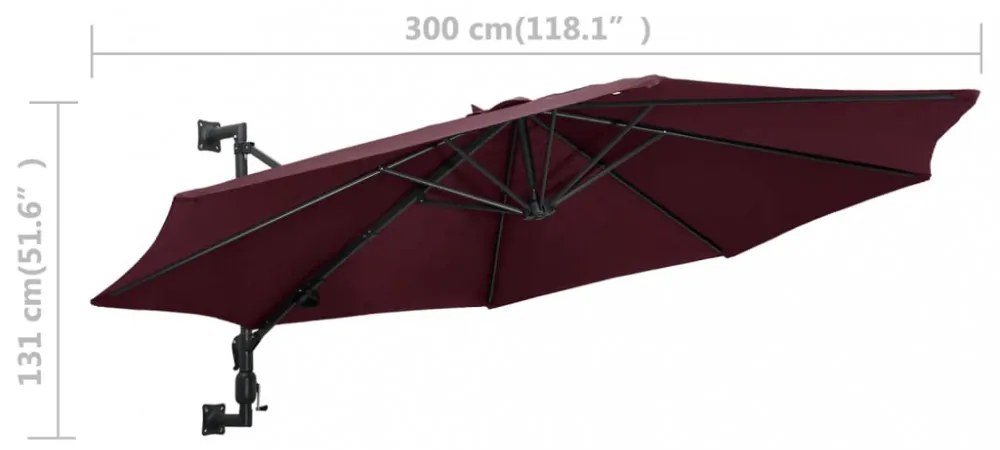 burgundi vörös falra szerelhető napernyő fémrúddal 300 cm