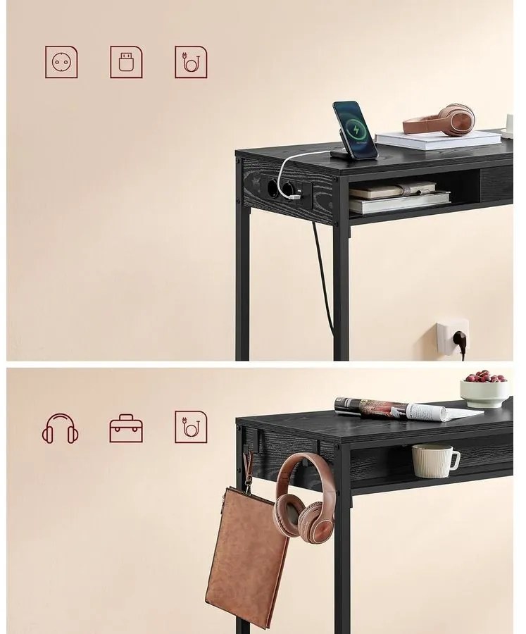 Bárasztal, magas konzolasztal töltőállomással és szövet fiókkal, fekete