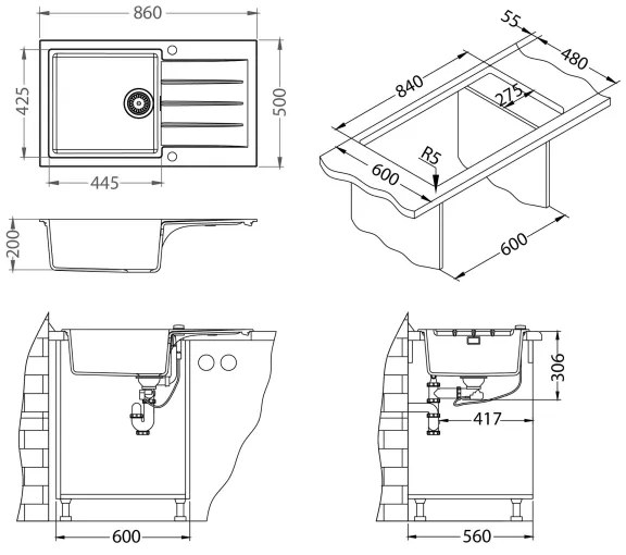 ALVEUS SETA23232 - Konyhai mosogató CADIT+mosogató csaptelep MINTAS 34cm gránit/fekete
