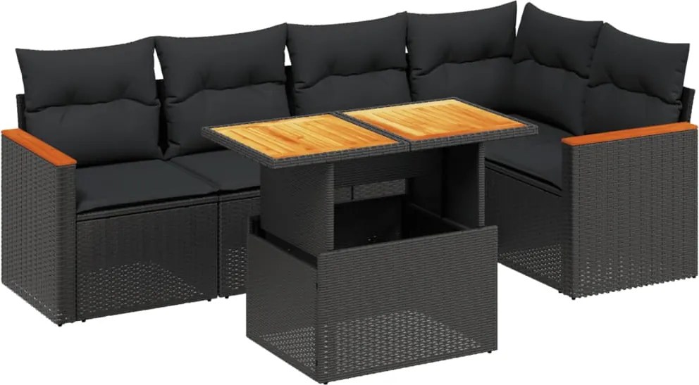 vidaXL 6 részes fekete polyrattan kerti ülőgarnitúra párnákkal