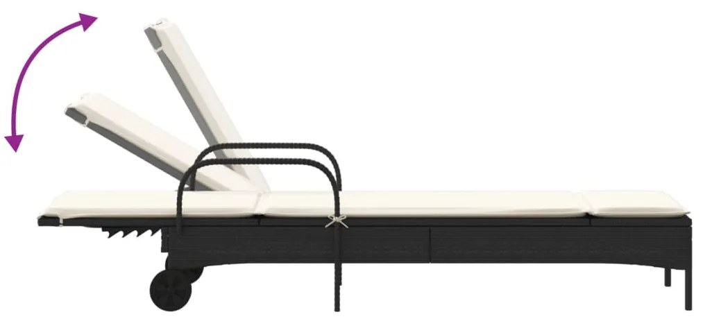 fekete polyrattan napozóágy kerekekkel és párnával