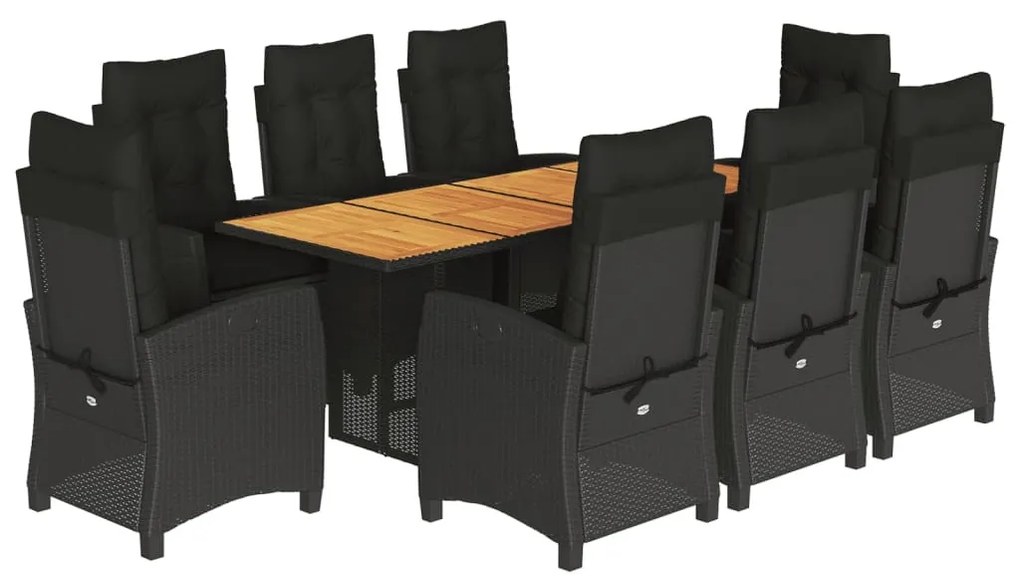 9 részes fekete polyrattan kerti étkezőgarnitúra párnákkal