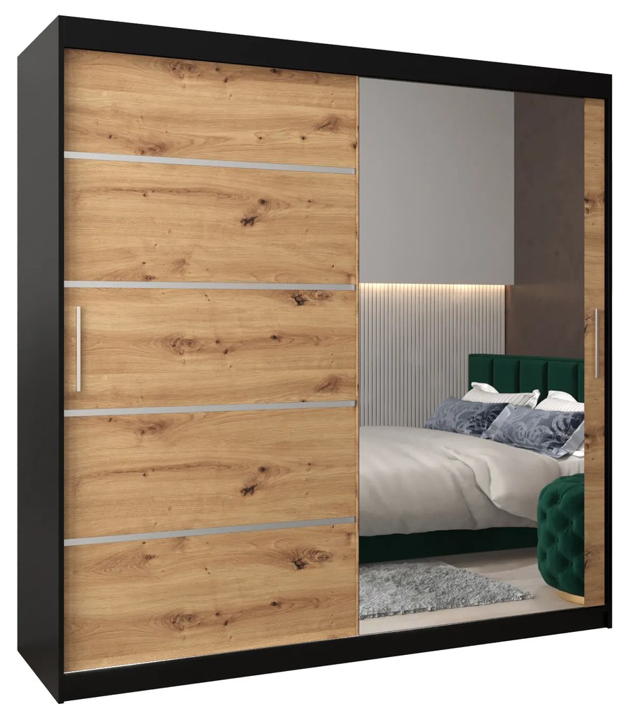 Ruhászekrény 200 cm tükörrel Verika 2 200 (fekete + artisan tölgy). 1064227