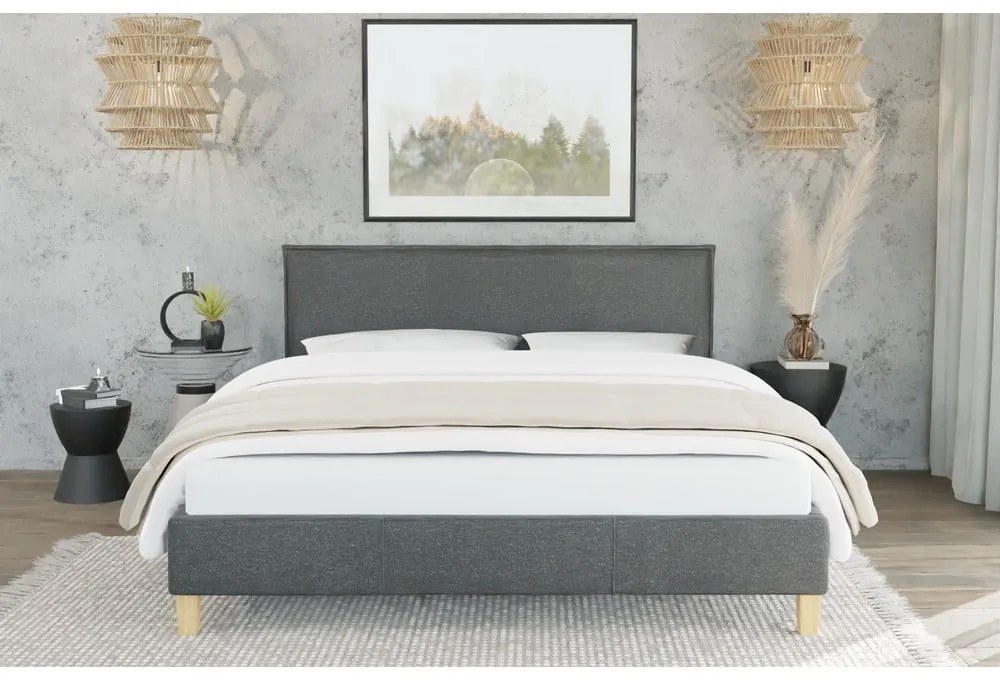 Sötétszürke kárpitozott franciaágy ágyráccsal 180x200 cm Tina – Ropez