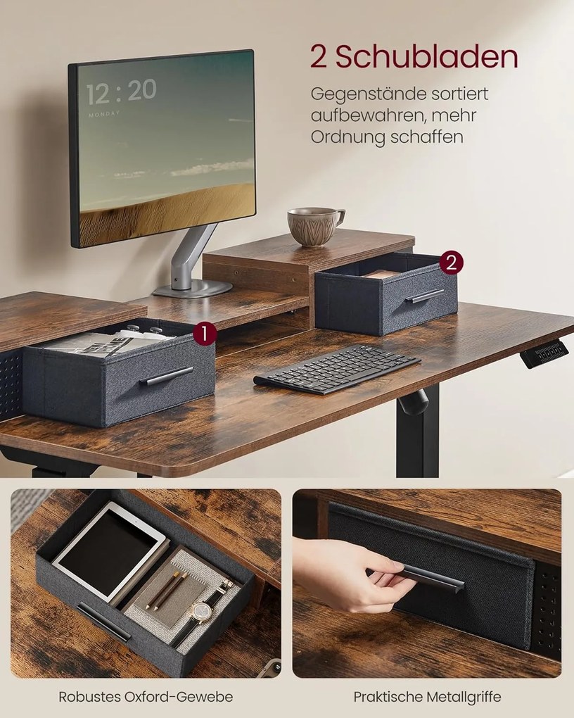 Magasságállítható elektromos íróasztal led világítással(7 szín), 60 x 120 cm, vintage barna/fekete