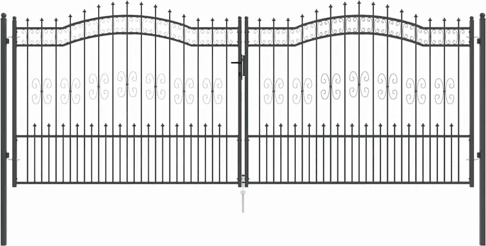 vidaXL Kerítéskapu Lándzsa Tetejével zárral Szürke 404 x 150 cm Acél