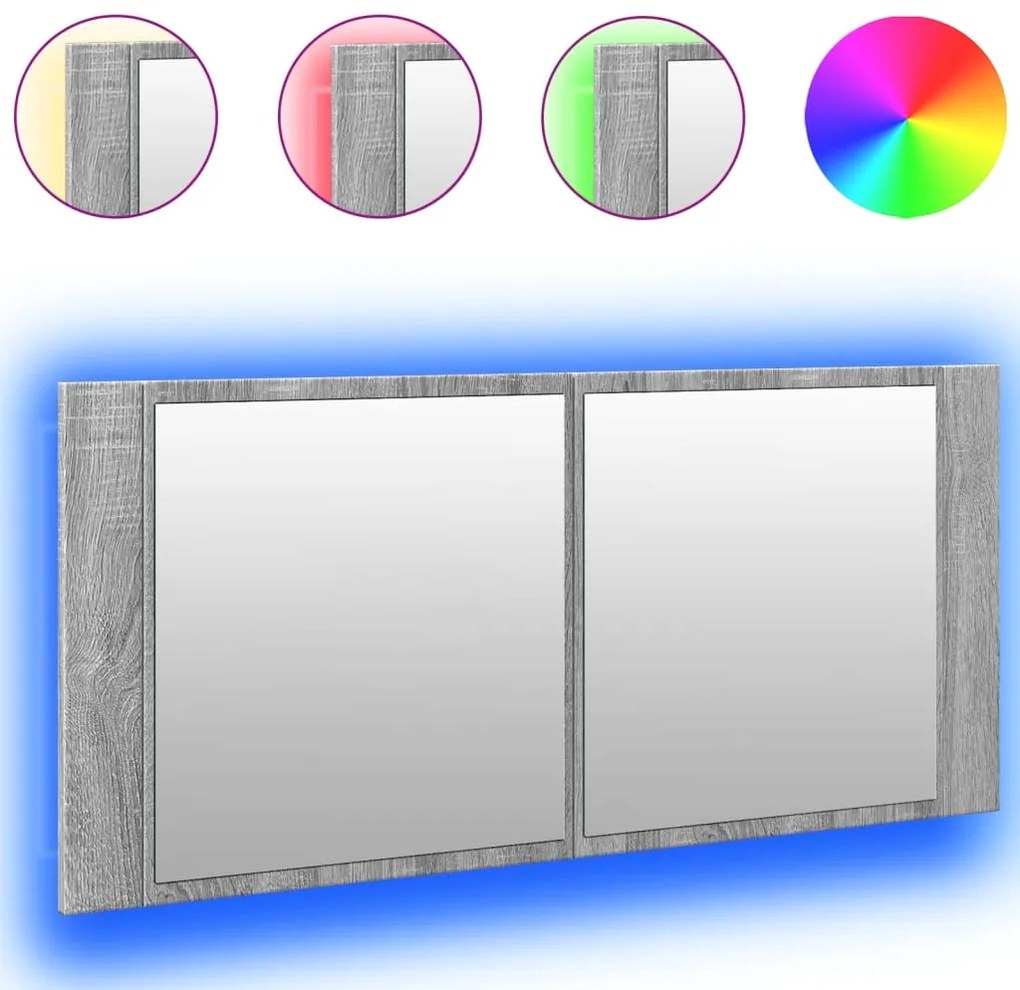 szürke sonoma LED-es tükrös fürdőszobaszekrény 100 x 12 x 45 cm