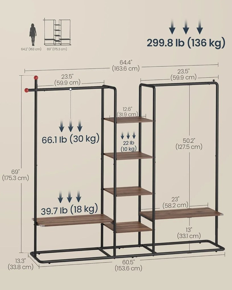 SONGMICS HOME dupla ruhaállvány 6 polccal, 136 kg teherbírás, dió/fekete