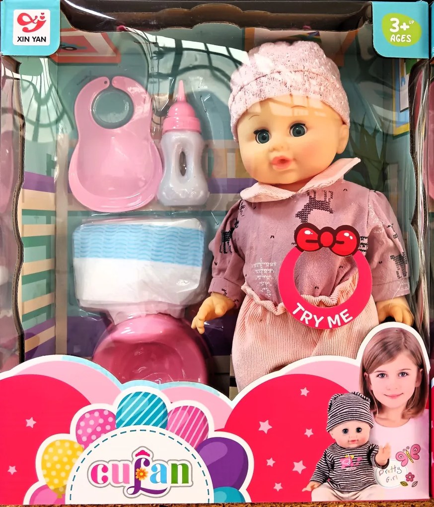 Gufan Itatható Pisilő és Beszélő Polly Játékbaba Cumisüveggel Bilivel és Tépőzáras Babaruhával – 33 cm