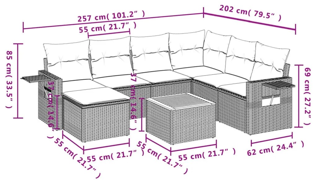 8 részes vegyes bézs polyrattan kerti ülőgarnitúra párnákkal