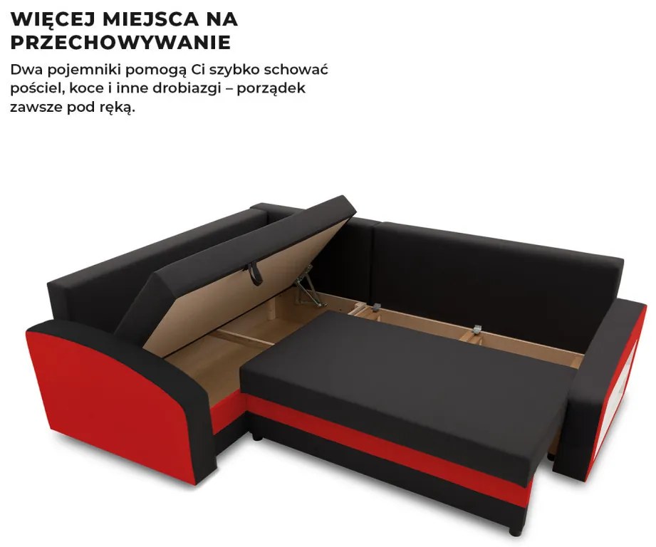 Grande sarokkanapé polcokkal , polc a jobb karfaban, baloldali, szövet anyag, hab töltet, fekete - piros