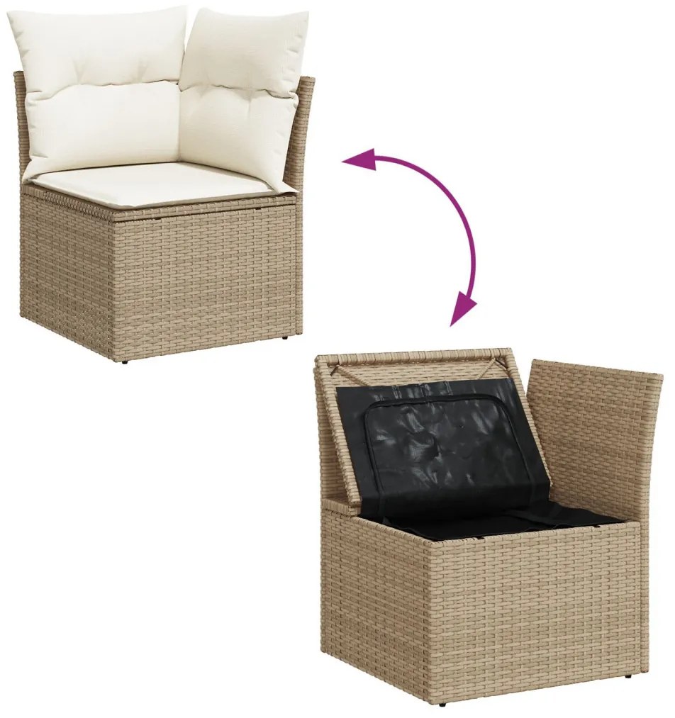 7 Részes Kert Sofa Szett Párnákkal Bézs Poli Rattan, 2-Személyes Kert Sofa Tárolóval és Párnákkal Bézs Poli Rattan
