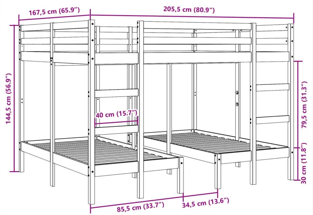 tömör fenyőfa tripla emeletes ágykeret 160x200/80x160 cm