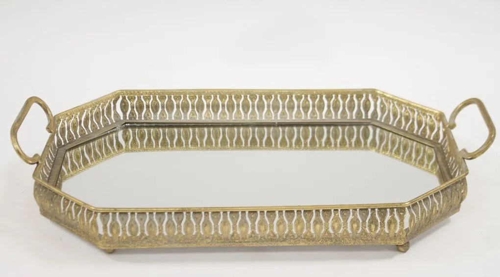 Szögletes óarany fém tálca fogantyúval, tükrös tálcalappal 10x56x33cm