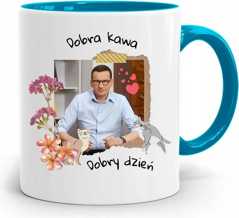 Kék Politikus Bögre Mateusz Morawiecki Miniszterelnök fényképes nyomtatással