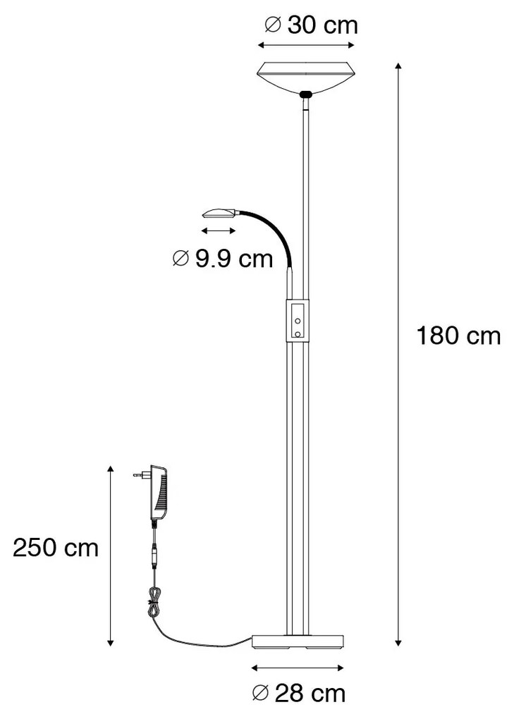 Állólámpa fekete, LED-del és dimmerrel, olvasólámpával - Fez