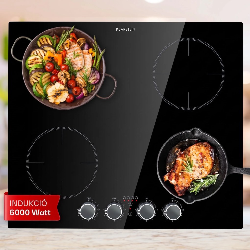 Klarstein Kochheld, indukciós főzőlap, 6000 W, 4 zóna, forgó szabályozók, üveg, fekete