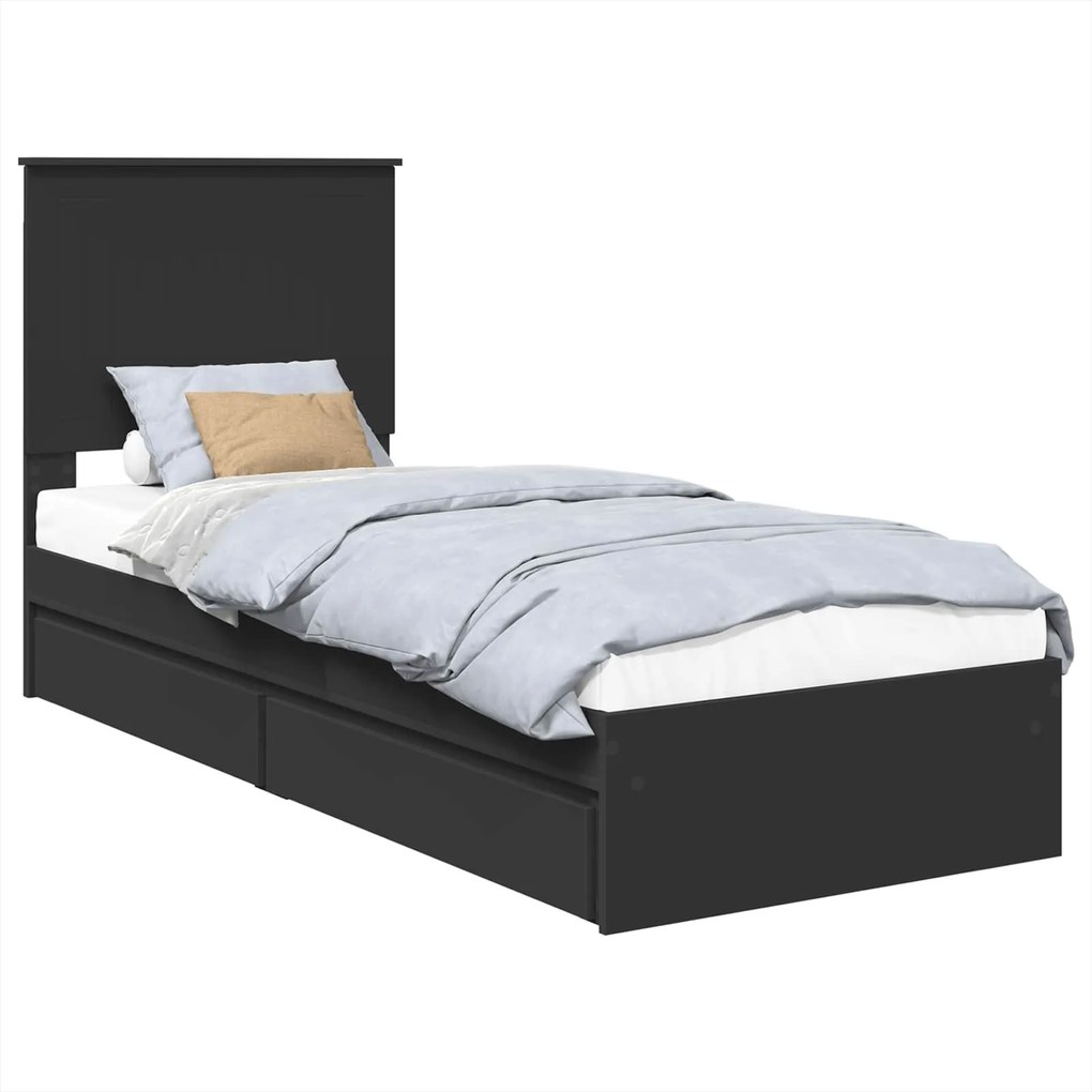 vidaXL Tárolós Ágy fejtámlával fiókkal Fekete 75 x 190 cm Faanyag