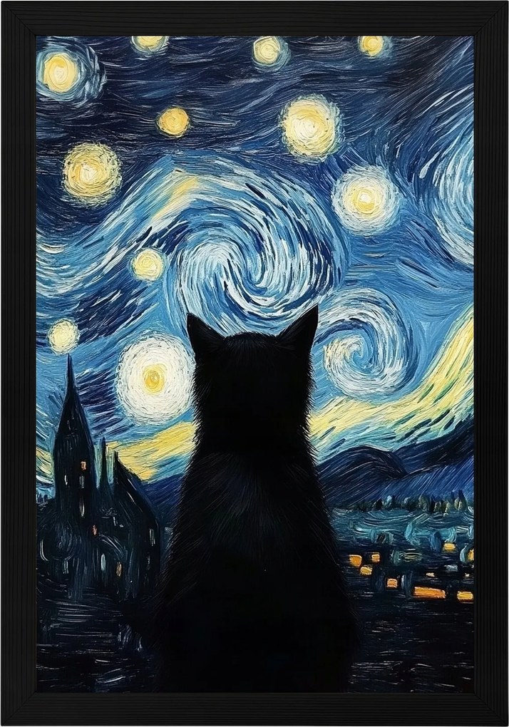 Poszter Keret Fa Van Gogh Stílus Csillagos Éjszaka Fekete Macska 40x60