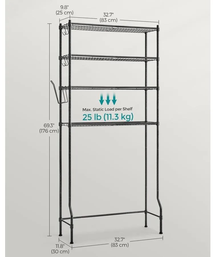 4 szintes tároló a WC felett, fém tároló állvány, állítható polcok, 4 kampó, Fekete