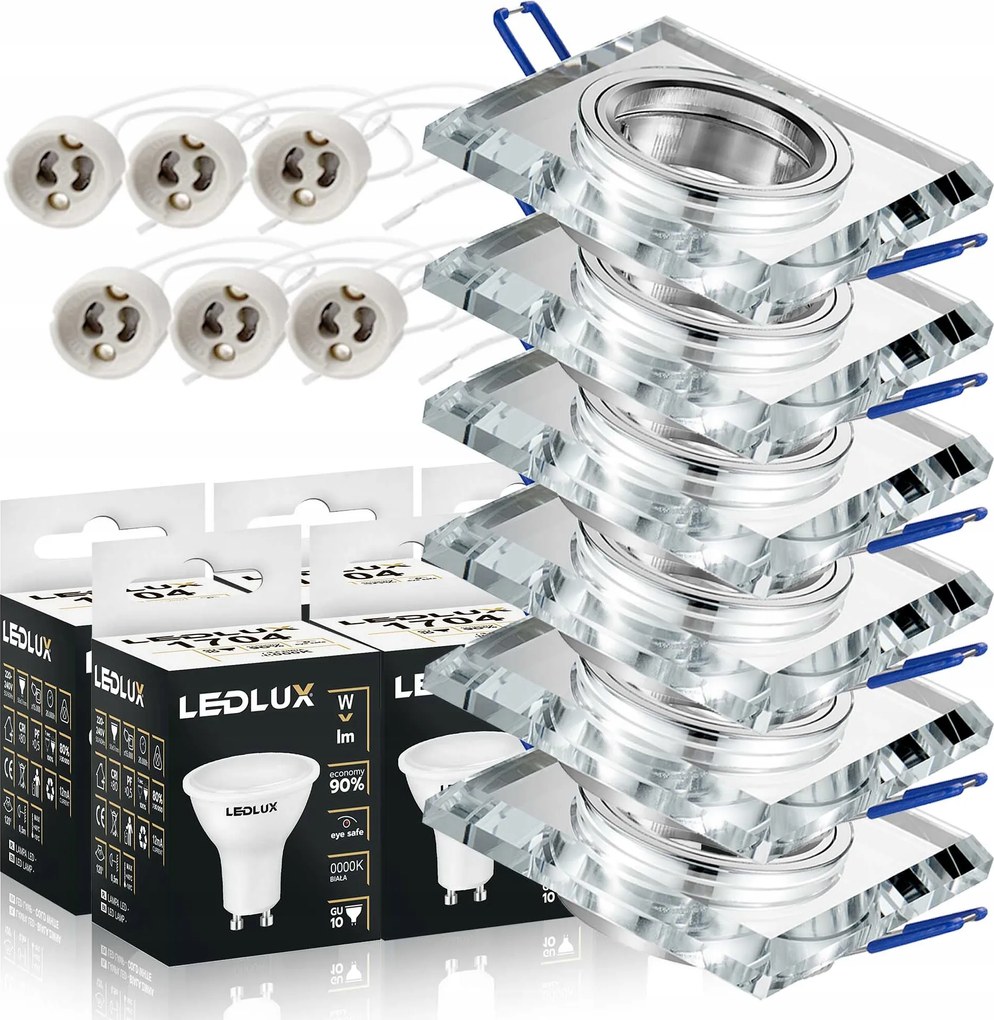 6x Négyzet alakú üveg halogén lámpatest GU10 Led izzó 5,5W 3 Szín